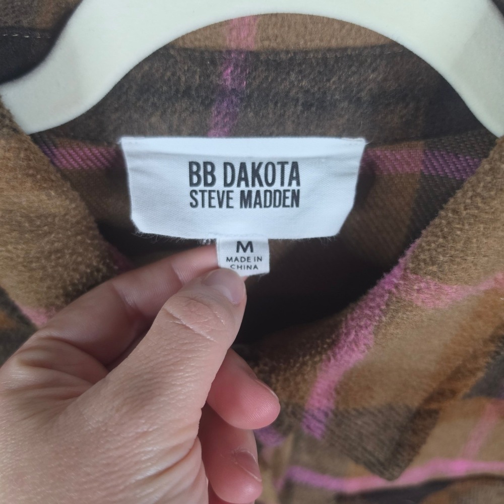 BB Dakota Steve Madden Boxy Shacket Medium Brown Black Pink Plaid Layering Piece - Picture 4 of 7